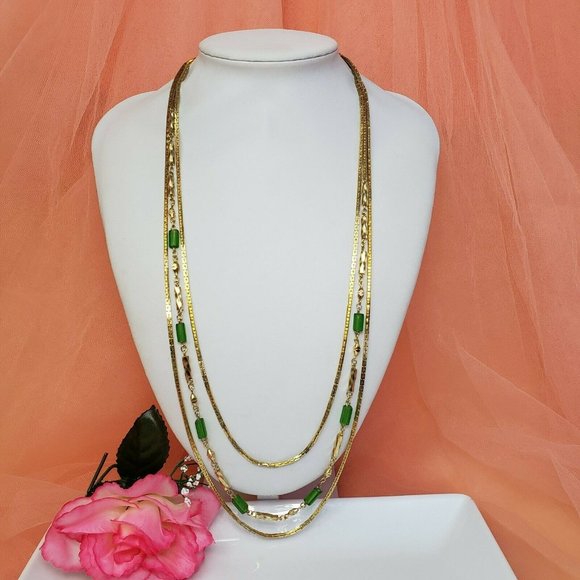 Vintage Gold Tone 3- Strand Chain Necklace 25" Statement Chain Green Glass Beads - Picture 9 of 12